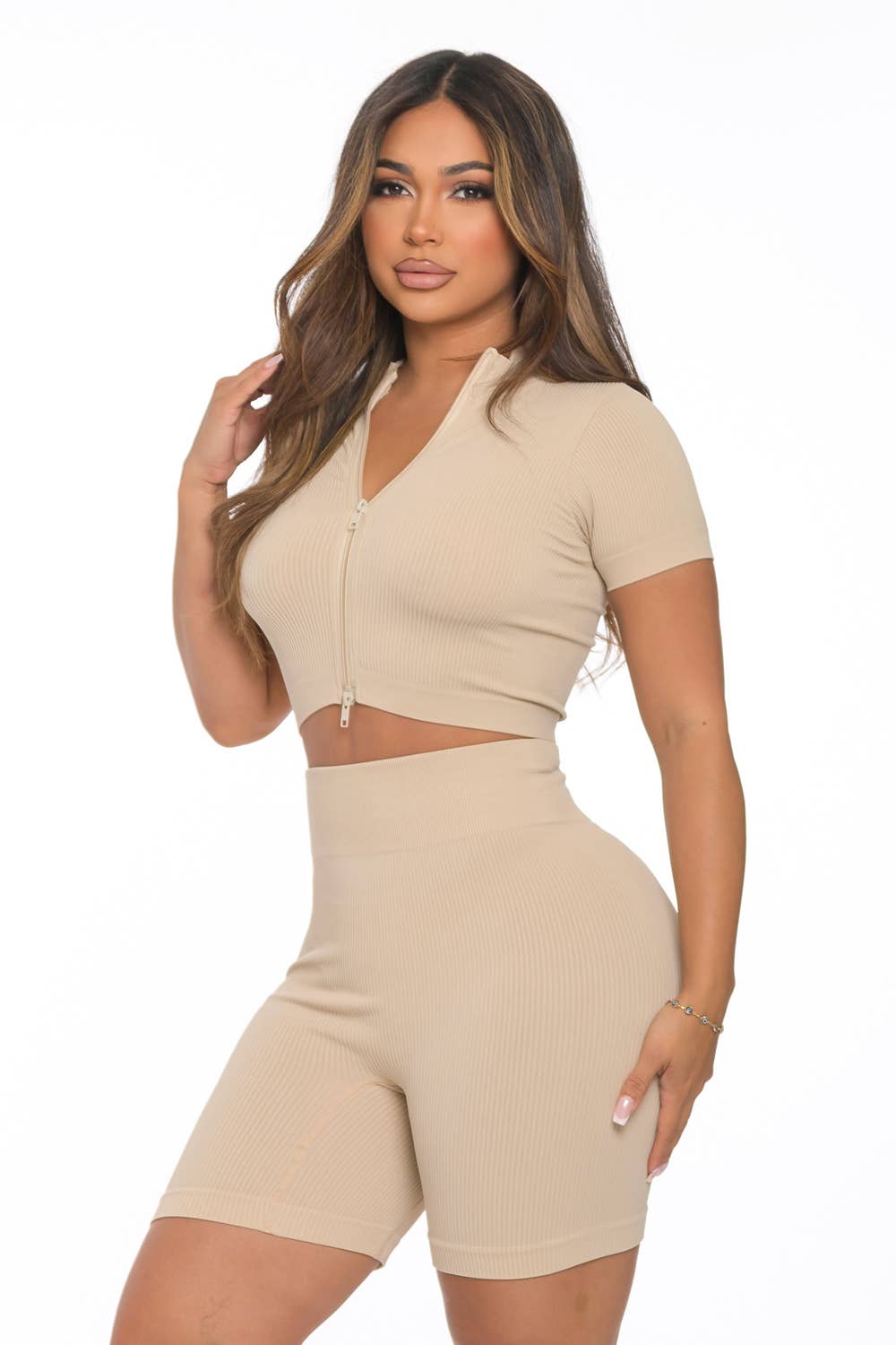 2 Pc Rib Seamless Split Zipper Crop and Highwaist Short Set