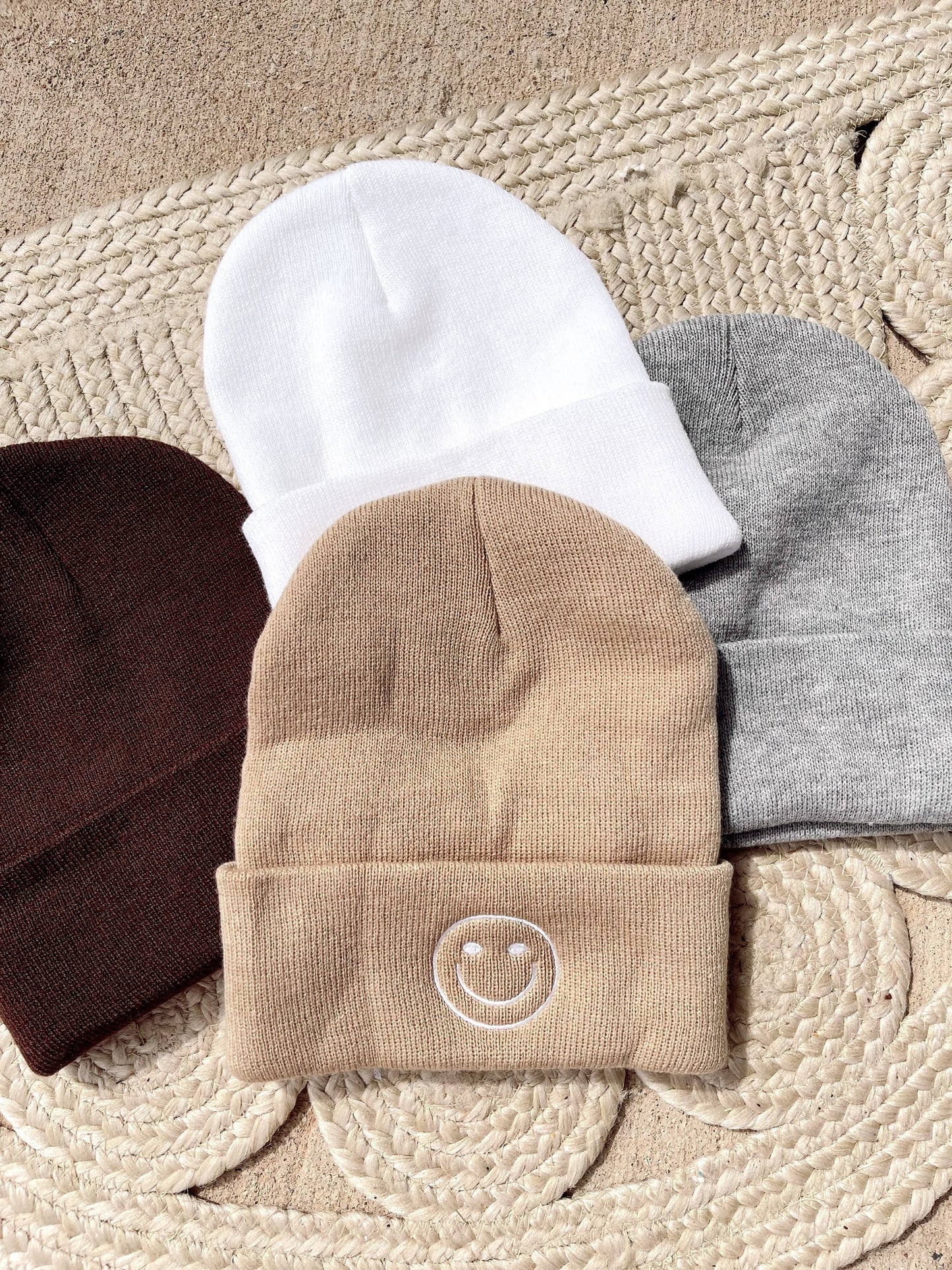 Smiley Embroidered Knit Beanie: White / Brown