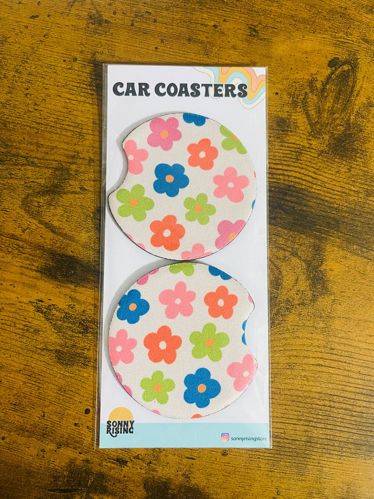 2 Car Coasters, Groovy Colorful Daisy Design