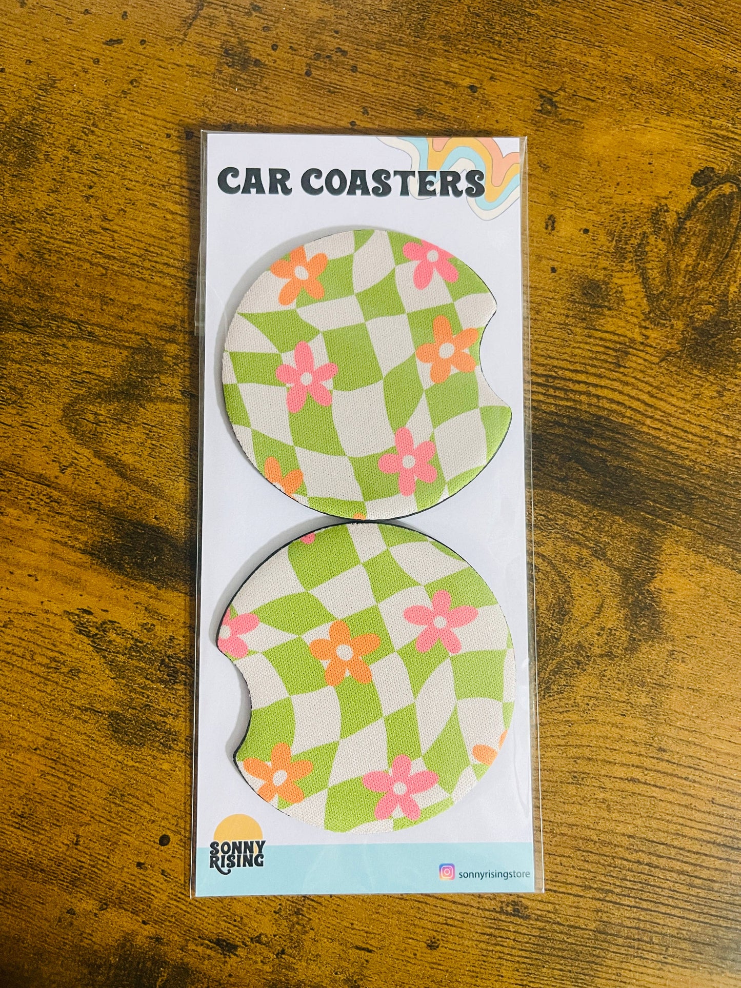 2 Car Coasters, Groovy Green Check and Pink Daisy Design