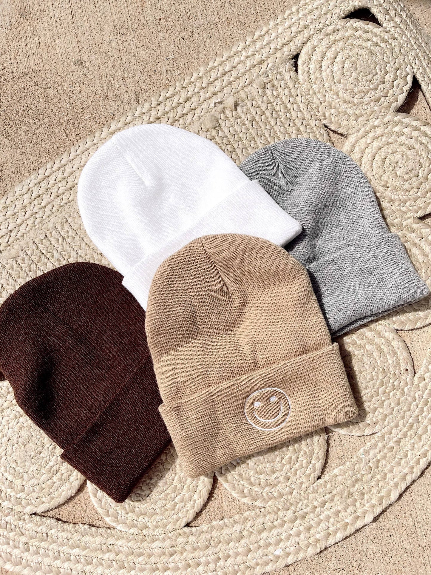 Smiley Embroidered Knit Beanie: White / Brown