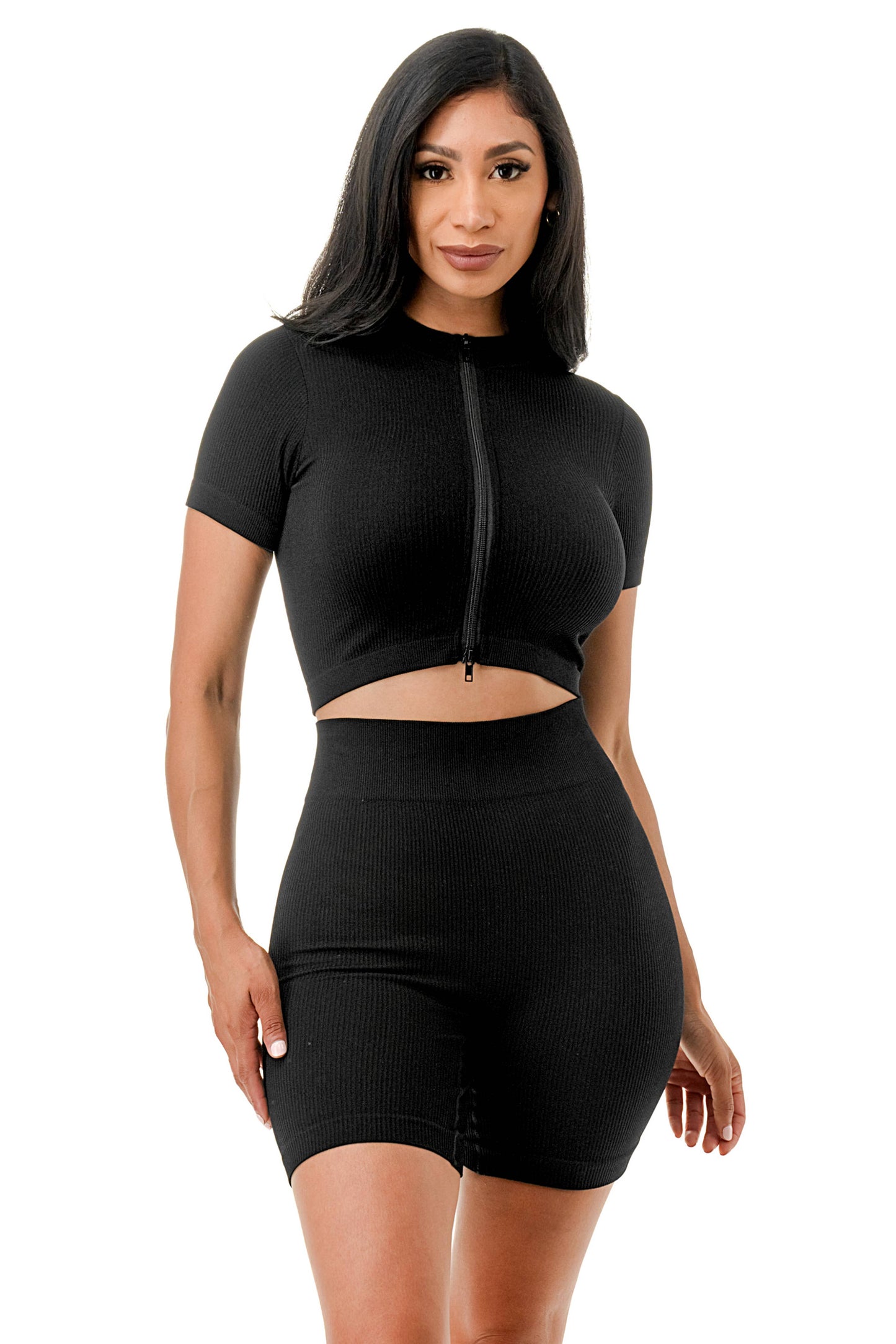 2 Pc Rib Seamless Split Zipper Crop and Highwaist Short Set