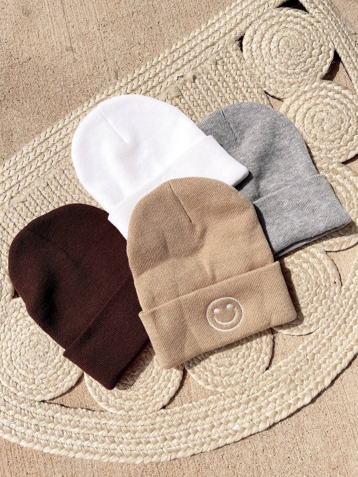 Smiley Embroidered Knit Beanie: White / Brown