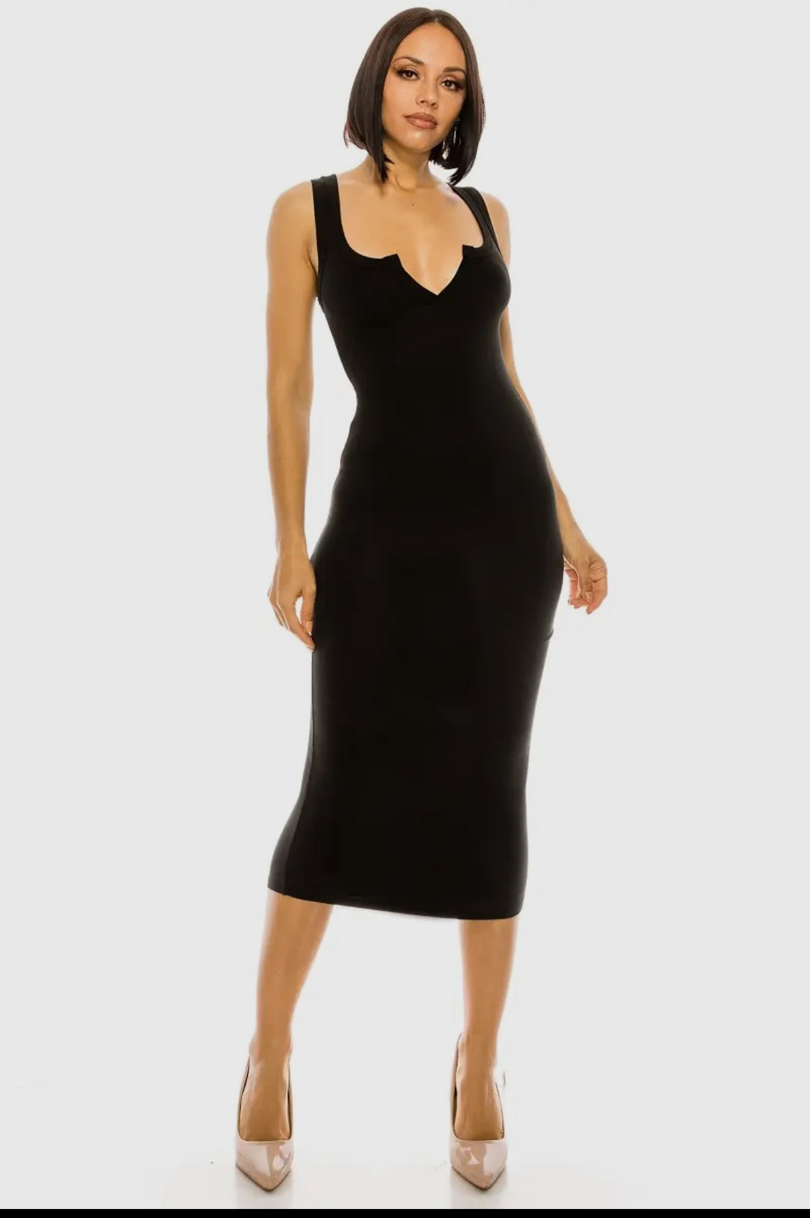 Body on midi dress with split scoop neckline