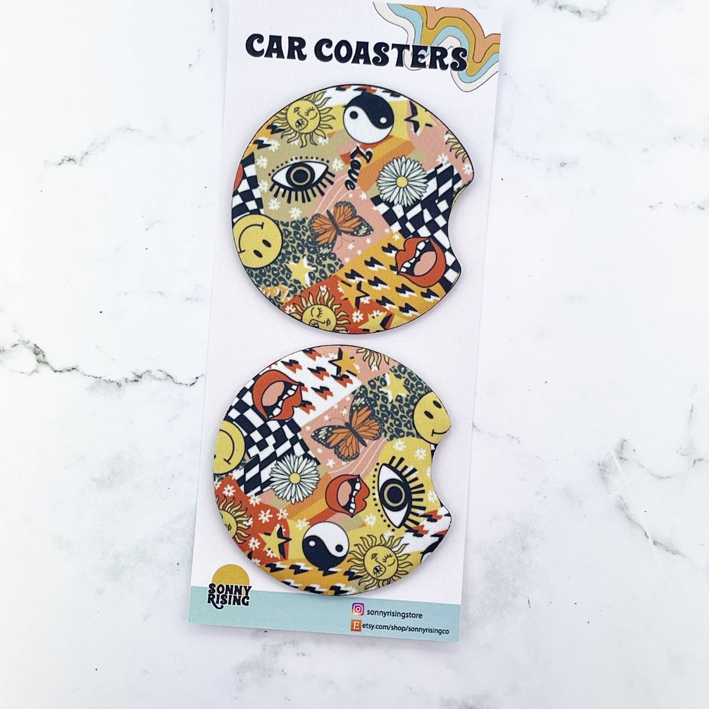 2 Car Coasters, Orange Retro Collage Style