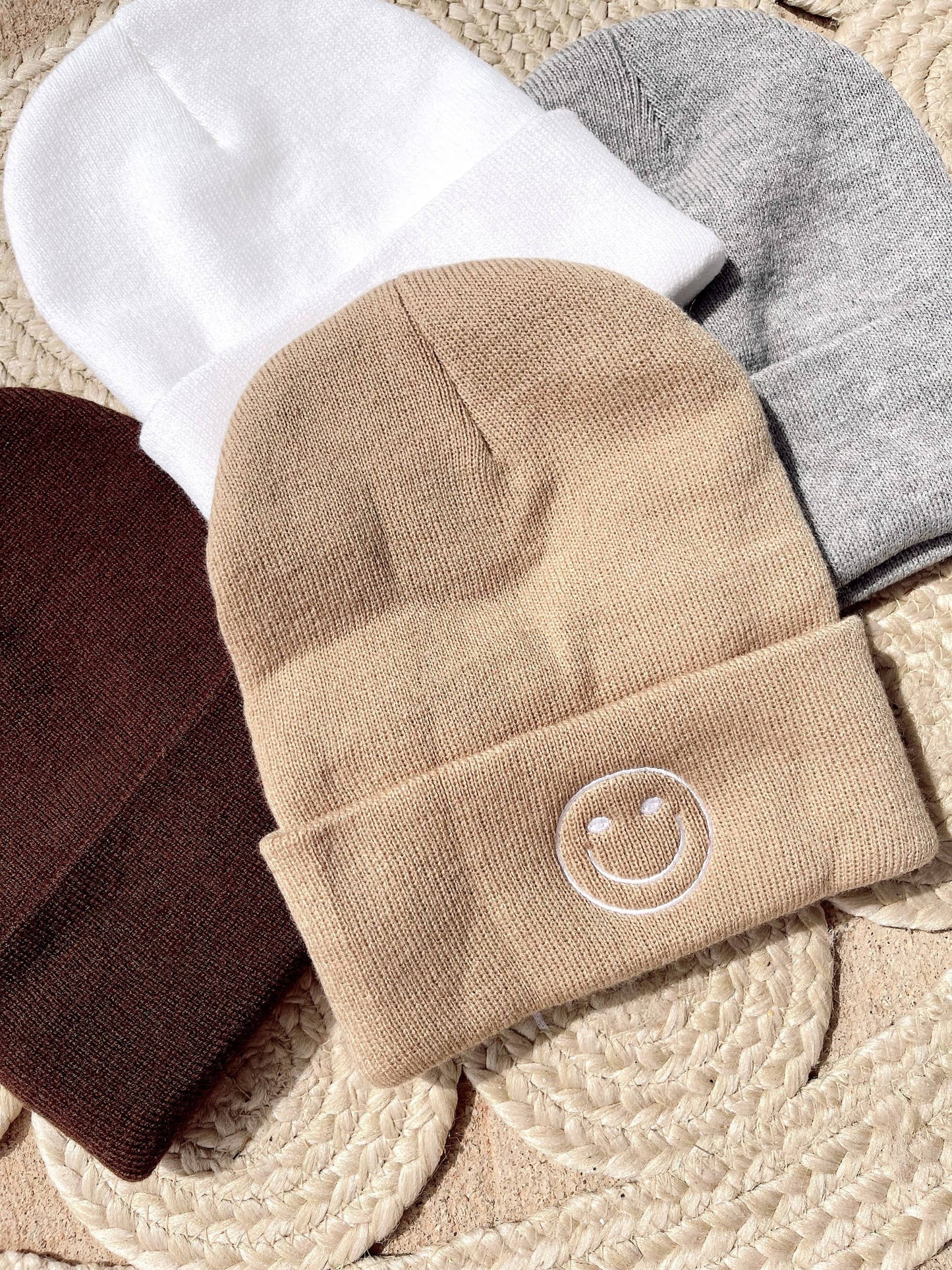 Smiley Embroidered Knit Beanie: White / Brown