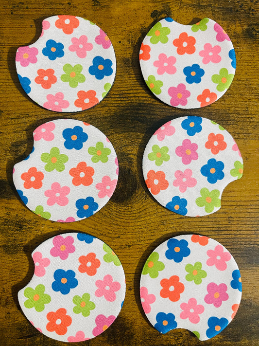 2 Car Coasters, Groovy Colorful Daisy Design