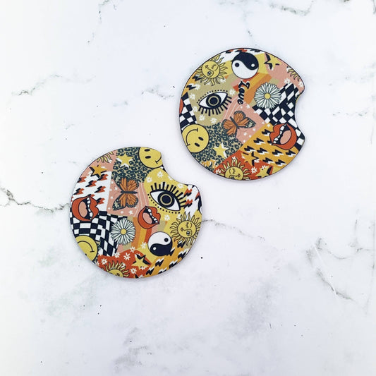 2 Car Coasters, Orange Retro Collage Style